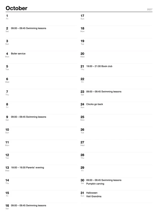 The A4 page for October 2027: days 1 to 16 on the left, 17 to 31 on the right, with the made-up family's events