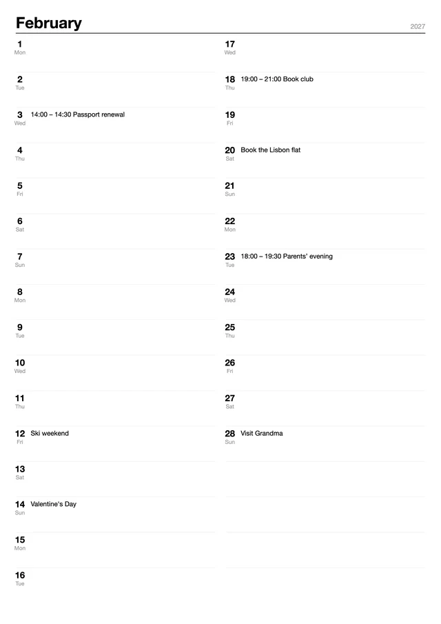 The A4 page for February 2027: days 1 to 16 on the left, 17 to 28 on the right, with the made-up family's events