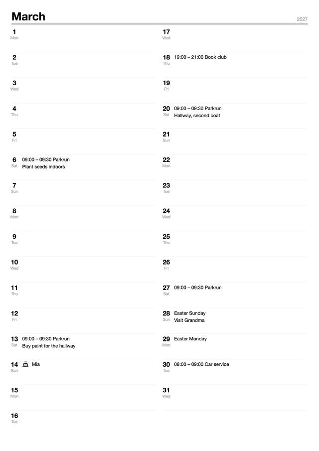 The A4 page for March 2027: days 1 to 16 on the left, 17 to 31 on the right, with the made-up family's events