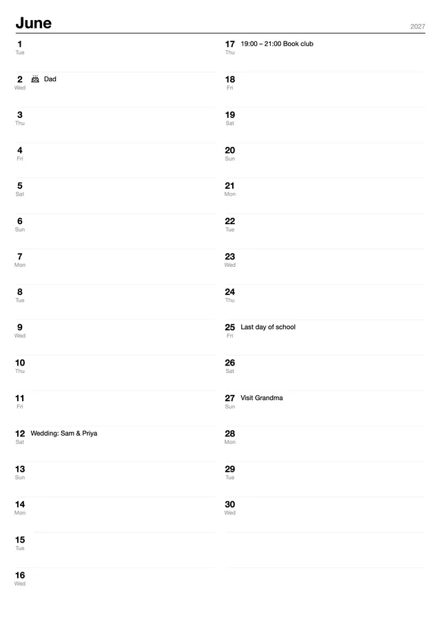 The A4 page for June 2027: days 1 to 16 on the left, 17 to 30 on the right, with the made-up family's events