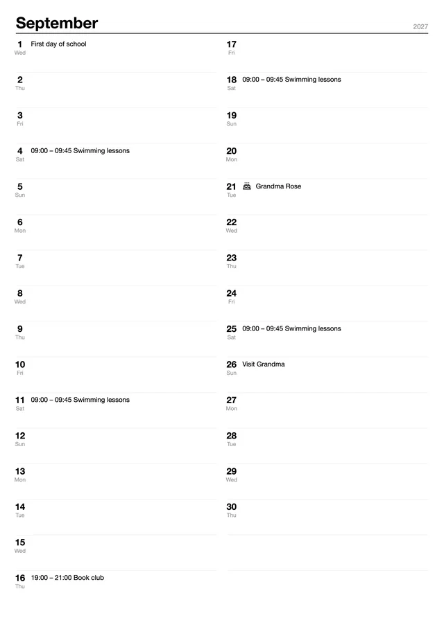 The A4 page for September 2027: days 1 to 16 on the left, 17 to 30 on the right, with the made-up family's events