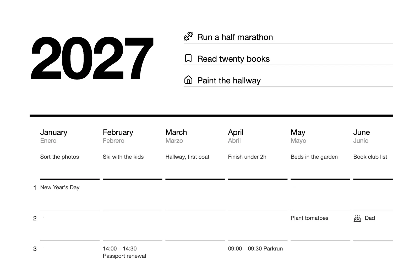 The top of the sheet with a second language: Enero under January, Febrero under February and so on