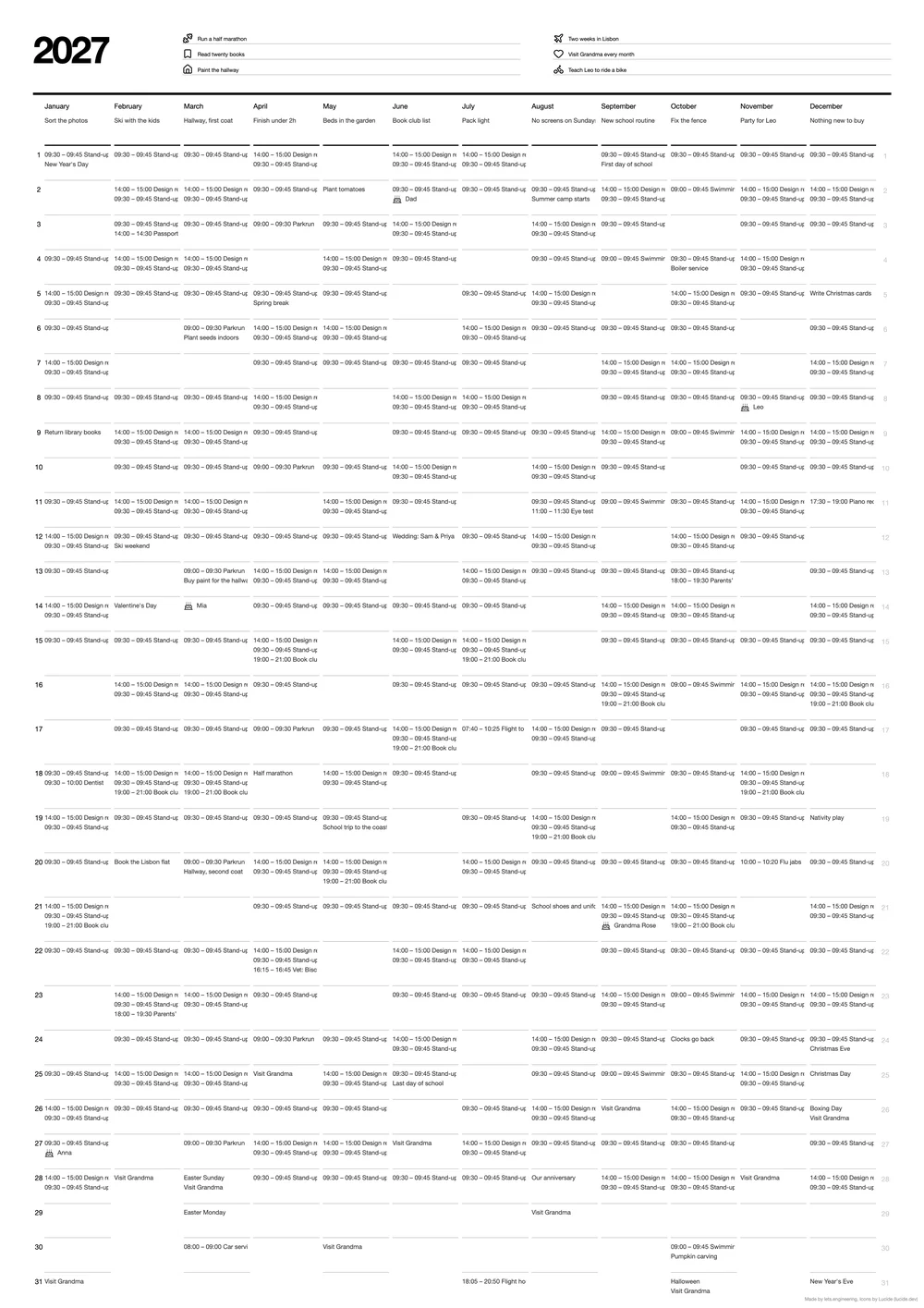 The packed year compressed onto one A2 sheet, entries cut to one line each