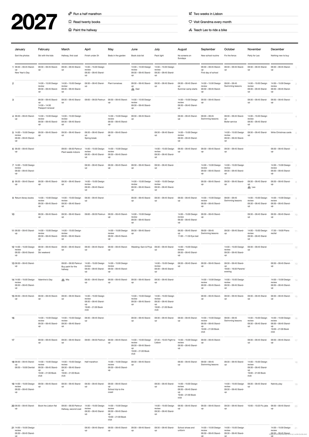 First of two A2 sheets: the header and days 1 to 21 at full size