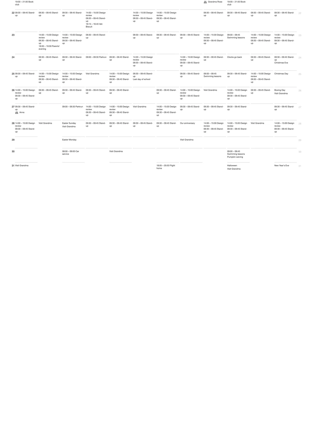 Second A2 sheet: days 22 to 31, the rest of the paper empty