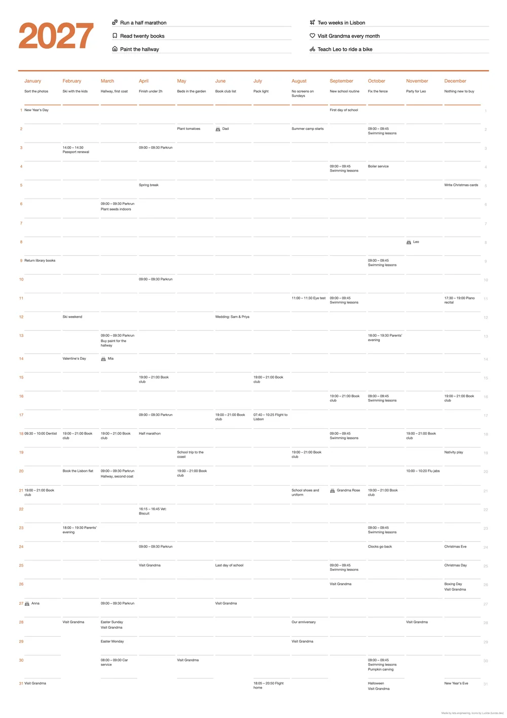 The portrait sheet with terracotta ink: the year, rules and month names in orange