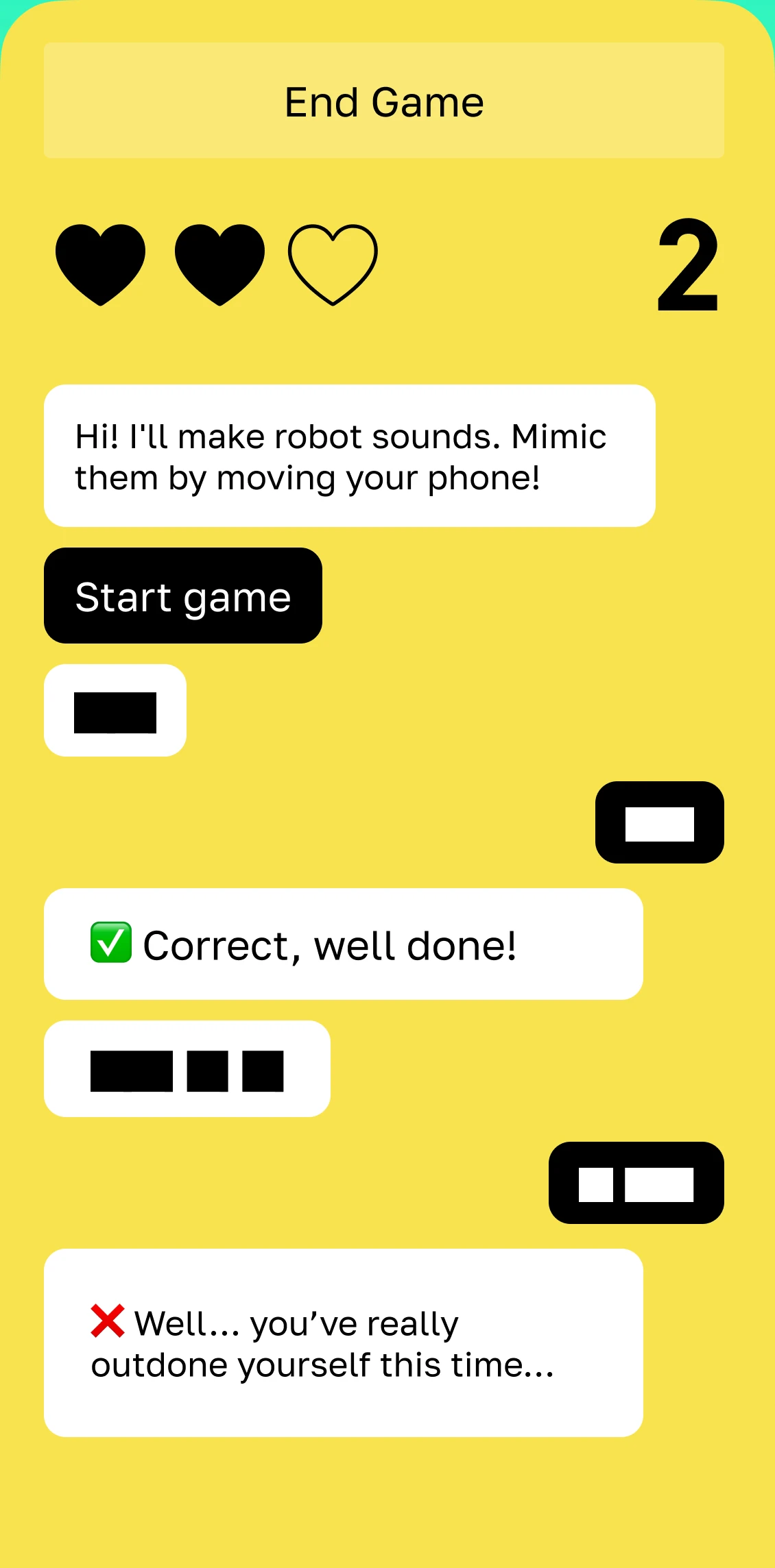A real round on the phone: two hearts left, score 2, the robot's blocks and the answer underneath, with Correct, well done and a miss