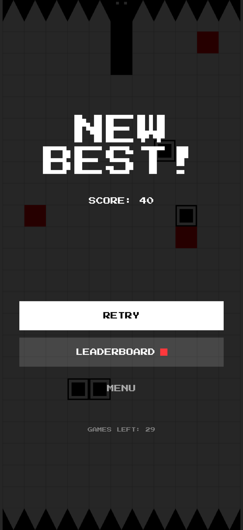 NEW BEST! over a score of 40, with Retry, Leaderboard and Menu, and 29 games left today.