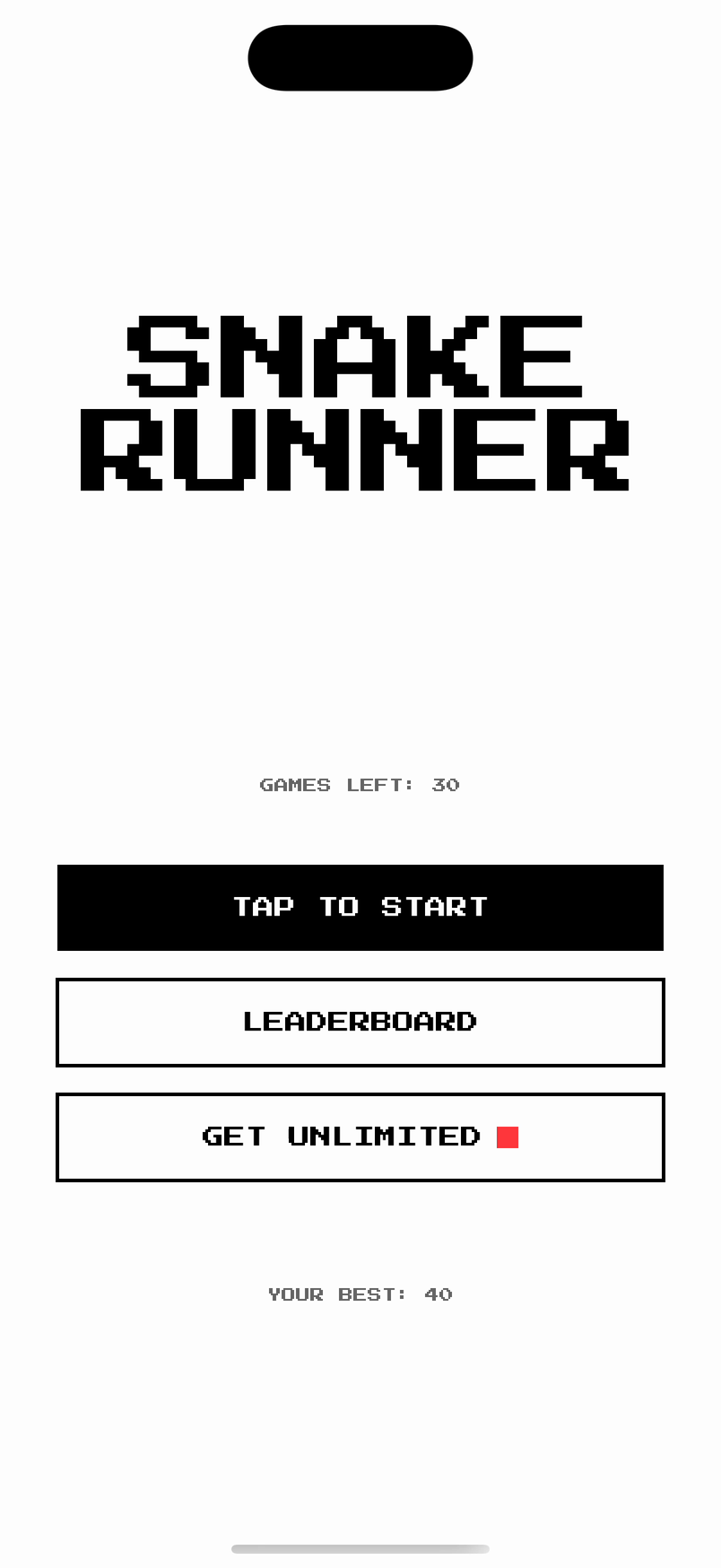 The start screen: SNAKE RUNNER in big pixel letters, GAMES LEFT: 30, then Tap to start, Leaderboard and Get unlimited.