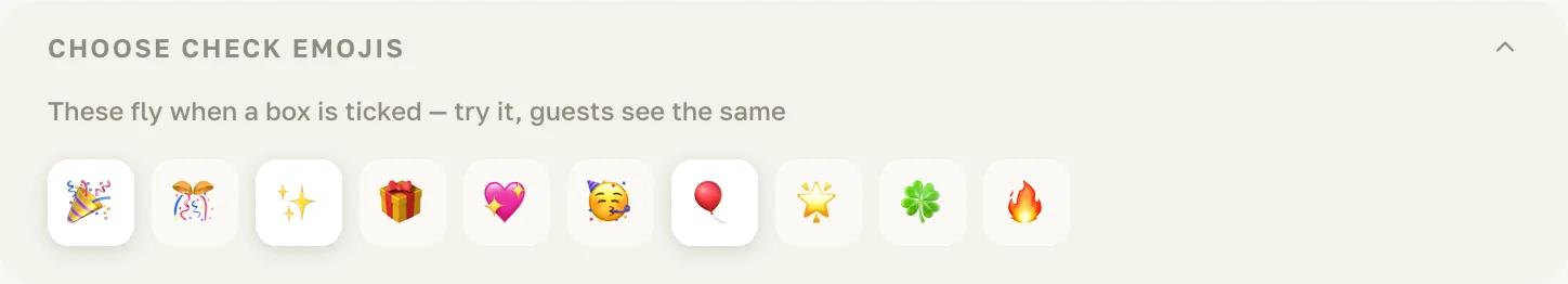 The Choose check emojis panel open, showing ten emoji to pick from.