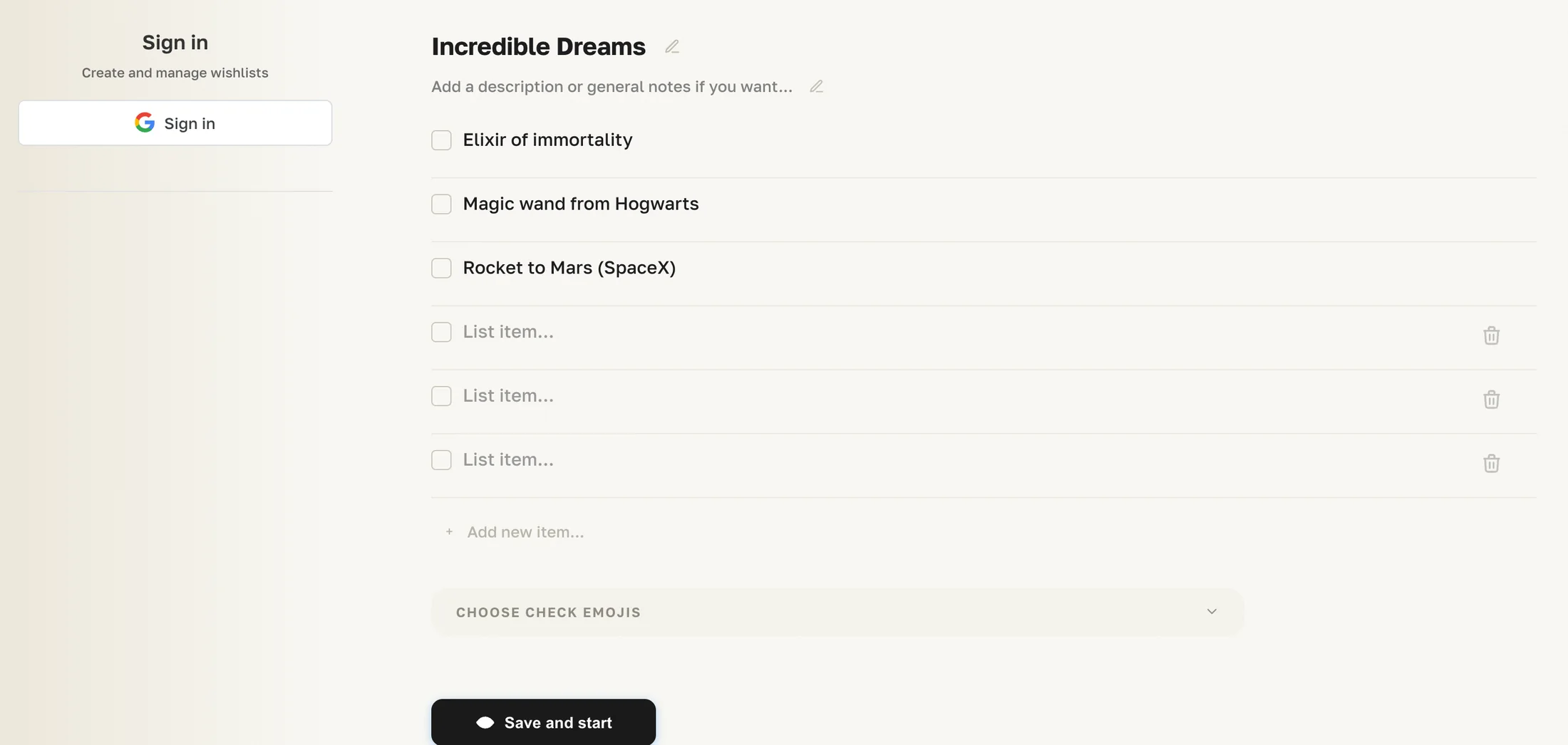 wishlistun.com on a first visit: a list with a generated title and three items is already there, editable, with a Save and start button below.