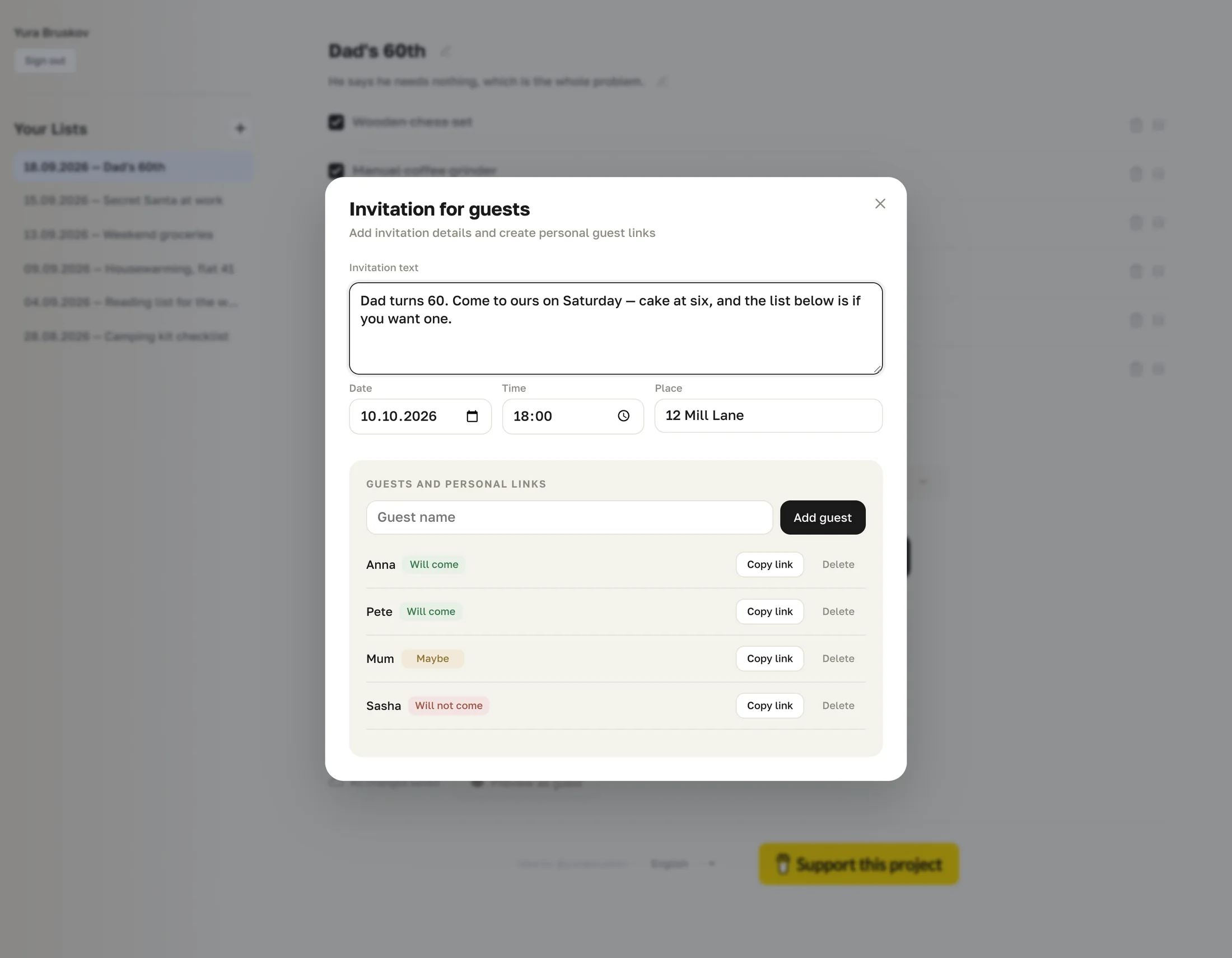 The Invitation for guests dialog: invitation text, date, time and place, then Anna, Pete, Mum, Sasha and Tom, each with their reply and a Copy link button.