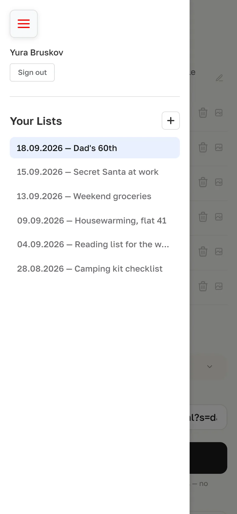 The editor on a phone with the sidebar open, showing the account and six saved lists.