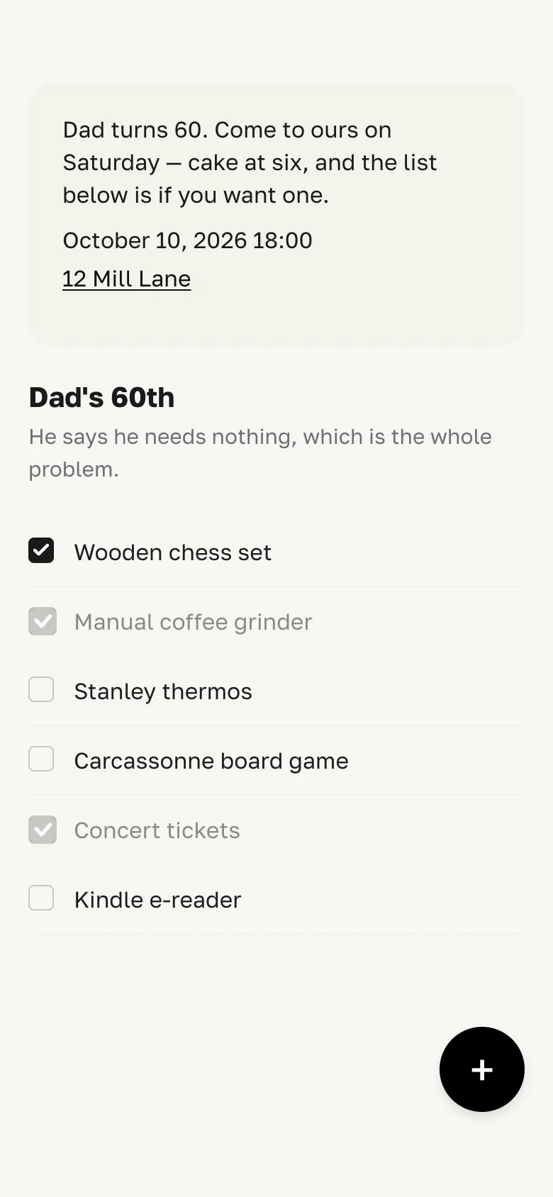 The same list on a phone, with the same three states.