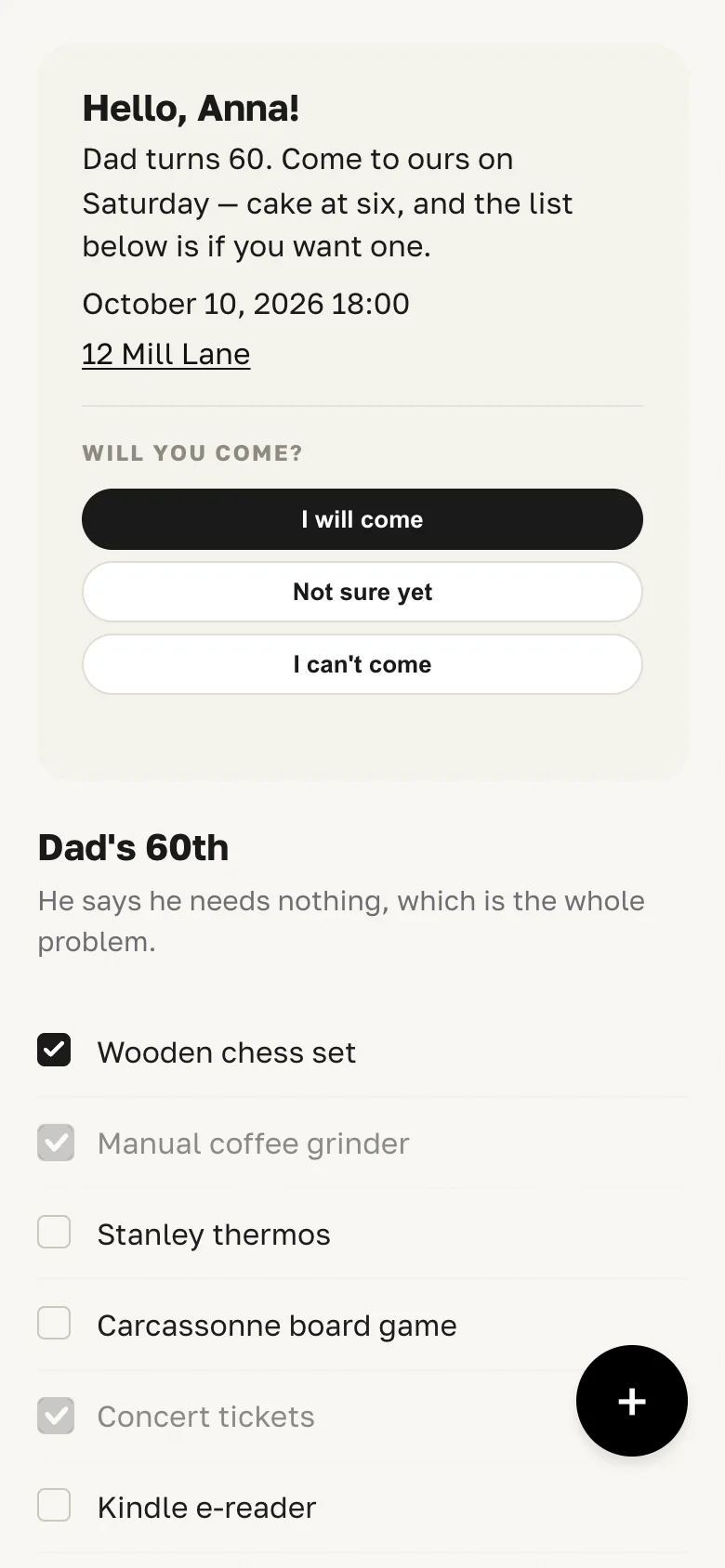 A guest page on a phone: Hello, Anna!, the invitation, the date and place, three reply buttons, and the wishlist below.
